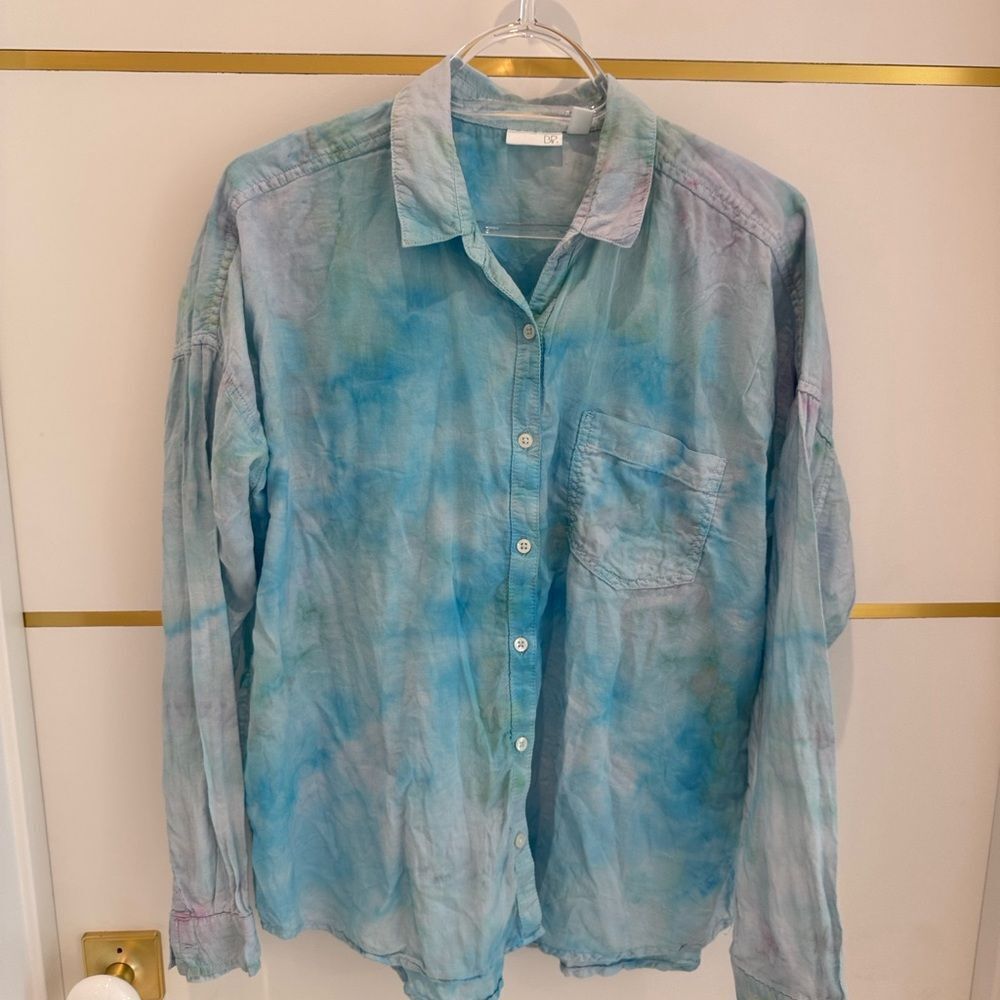 BP NORDSTROM Tie-Dye Long Sleeve Button Up Shirt in Blue Purple Green S
